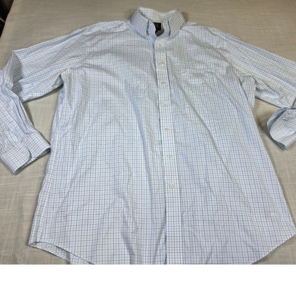 Jos A Bank Traveler Tailored Fit Dress Shirt Blue White Check 18.5 34/35